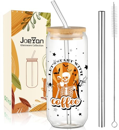 Joeyan 600ml Verres à Boire de Halloween Avec Couvercles et Paille, Verre à Eau Motif Crâne & Étoiles Noires,Gobelet a Cafe Chaud,Pour Biere,Matcha Latte,Bubble Tea,Smoothie,Déco Cadeau Original