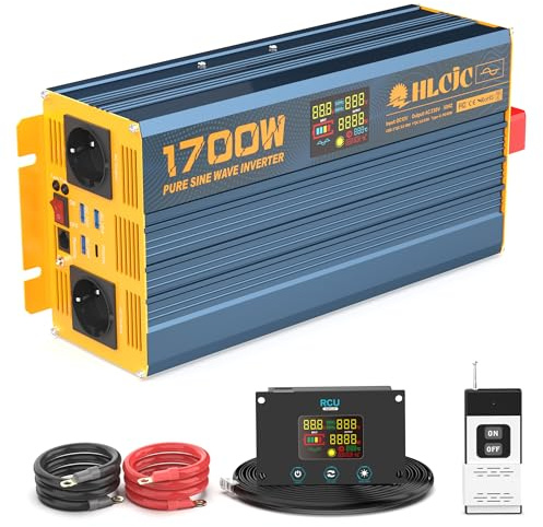 HLCJC Inversor de Potencia 1700W 12V Onda Sinusoidal Pura 12V a 230V, con 2 Tomas EU, Pantalla LCD para Autocaravana, Camión, Coche