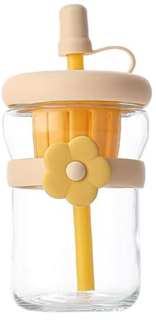Bouteille d'eau en verre transparent – Bouteille d'eau en verre à large goulot de 500 ml | Gourde anti-fuite avec paille en silicone pour boissons chaudes et froides, thé, lait, jus de fruits, femmes