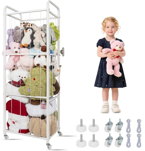 AKOZLIN Fylld djurförvaring med metall anti-tippremmar och bromshjul, rörleksak förvaringshållare med elastiska snören mjuk plysch leksak organiseringshylla för barnkammare lekrum sovrum 135 cm x 45
