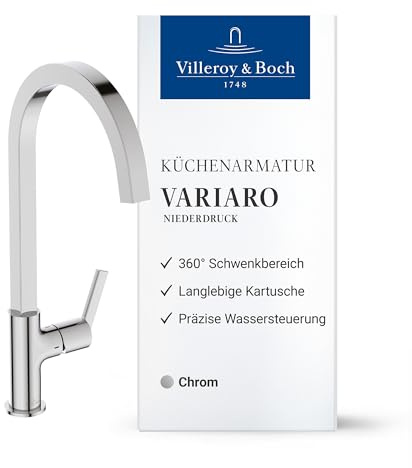 Villeroy & Boch Variaro rubinetto da cucina, miscelatore da cucina a bassa pressione, altezza bocca 306 mm, girevole a 360°, per lavello, risparmio idrico con 6 l/min, montaggio rapido – Cromo
