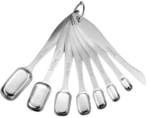 WIIYENA Juego de 8 cucharas medidoras de acero inoxidable con mango largo para cocinar y hornear, incluye 1/8 cucharadita a 1 cucharada y nivelador