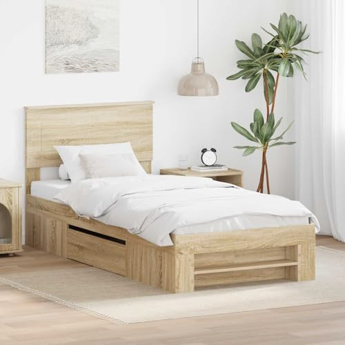 Teenpull Estructura de Cama con cabecero Roble Sonoma, Cama somier de Madera de ingenieria, Base lecho 100 x 200 cm, Dormitorio Interior, Soporte Estable, facil Limpieza
