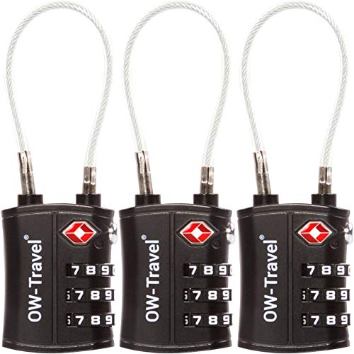 OW-Travel Kabelschloss 3 Stellig Zahlenschloss Kofferschloss Vorhängeschloss Gepäckschloss Sicherheitsschloss TSA Lock Cable USA Schloss Zahlencode für Reisekoffer Spind Rucksack Luggage:3 Schwarz