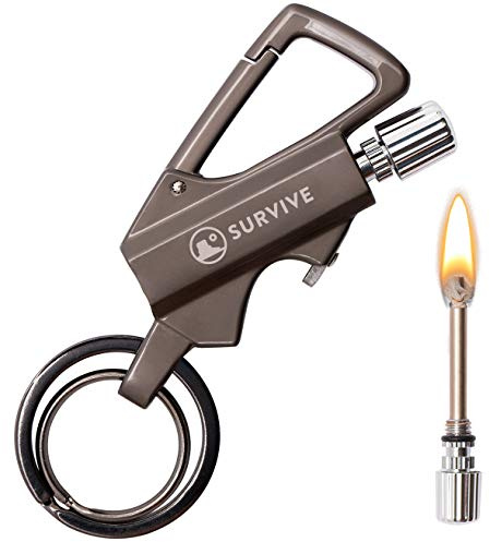 SURVIVE Permanent Match Bottle Opener Metal Keychain, Reusable Survival Fire Starter Striker Lighter, Emergency Waterproof Strike Anywhere Stick Kit (Charcoal)