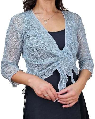 Mimosa damer virkad rull Bolero glitter eller vanlig superstretchig spets fisknät slips i midja Bolero öppen cardigan passar UK 6-28, grå /silver, one size