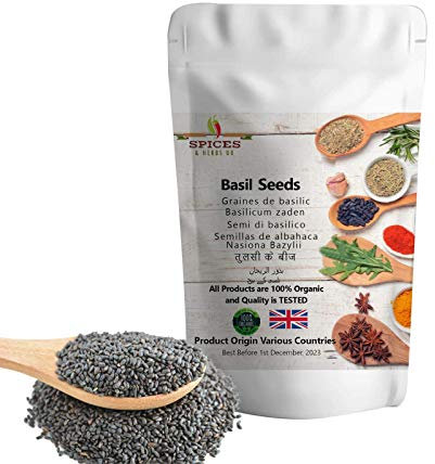Basil Seeds (Tulsi, Tukmaria, Sabja, Subja, Subza, Sabza, Tukhmalanga) by Spices&herbsuk - Tukmaria Seeds High in Calcium, Magnesium & Iron - Perfect for Milkshake, Falooda, Faluda & Sherbet - 100g