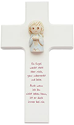 Barnkors ca. 15 x 9 cm vit med tonängel (ca 4 cm) blåmålad text En ängel vaknar alltid mig obemärkt och tyst. Även om jag inte kan se den, är han alltid med mig.
