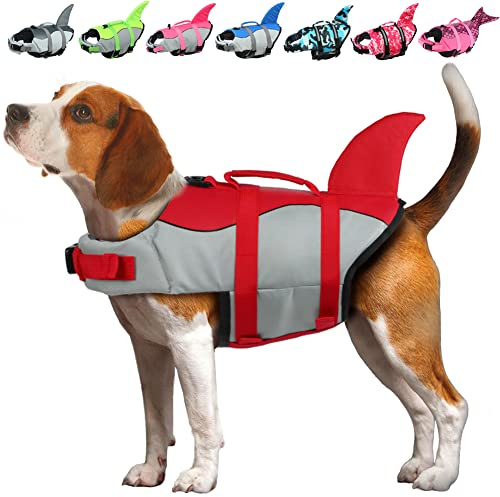 EMUST Shark Life Jacket for Dogs, Adjustable Ripstop Dog Life Vest with Rescue Handle, Red, L