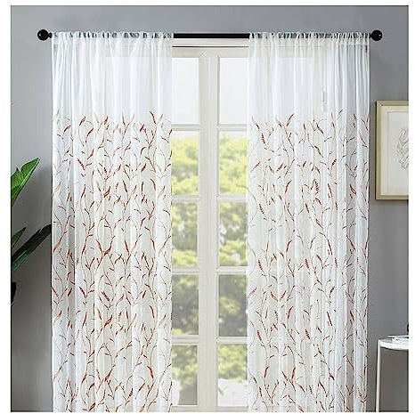 Mesnt Durchsichtige Gardinen Beige, 147 x 107 cm (Höhe x Breite) Durchsichtiger Vorhang mit besticktem Zweigrankenmuster, halbtransparent, Beige