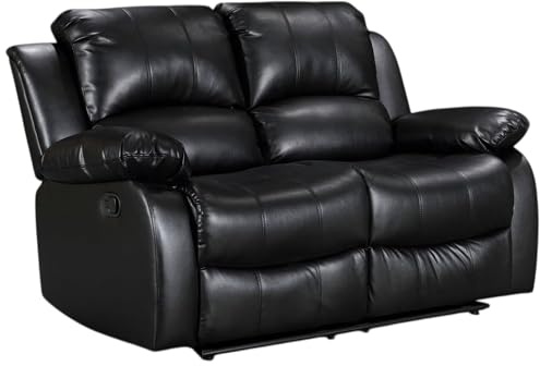 Faux Black Leather 2 Seater Recliner Sofa | Manual Lever, 3 Positions, Easy 160° Recline | Elegant Upholstery | Ideal for Couples, Elderly, Loveseat for Lounge, Gaming Room or Living Room | Valencia