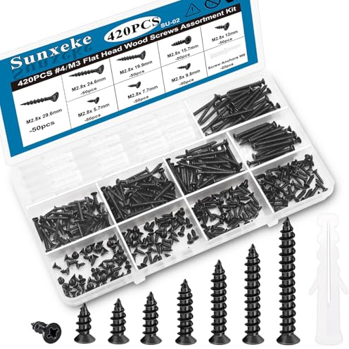 Sunxeke 420PCS M3 Small Wood Screws Assortment Kit,Phillips Drive Flat Head Self-Tapping Screws, Black Short Screws Set with 20pcs M6 Screw Anchors