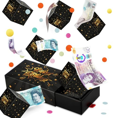Happy Birthday Surprise Explosion for Money - Pop Up Exploding Box with Confetti - Bouncing Gift Box Black Gold for Kids Boys Men Dad Husband