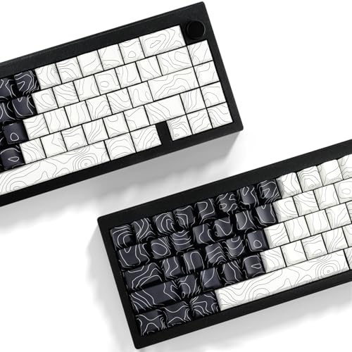 Sunzit PBT Keycaps,Black & White Topographic 131 Keys Custom Cherry Profile Dye Sublimation Shine Through Side Printed Keycaps for ISO/ANSI UK Layout Mechanical Gaming Keyboard (Black&White)