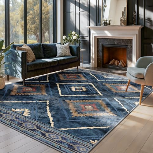 DEFYNEE Teppich Wohnzimmer 120x180 cm Wohnzimmerteppich, Waschbarer Teppich, Kurzflor (Florhöhe ca. 5,88 mm), rutschfest, Vintage & Boho Rug für Flur, Kinderzimmer, Schlafzimmer, Dunkelblau