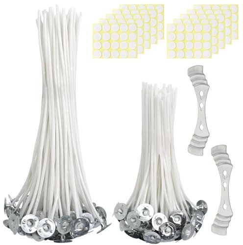 200 Stück Vorgewachsener Dochte Für Kerzen (10cm/15cm), Kerzendocht Set Rauchloses Wachs Kerzen Docht, Kerzendochte Für Kerzen, Kerzen Selber Machen Set mit 200Stk Docht Aufkleber 2 Wickenhalter