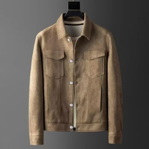 Chaqueta corta de cuero de ante de moda para hombre, abrigo resistente británico vintage gris (M caqui)