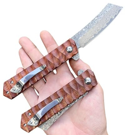 Obespina Couteau Pliant Poche Damas Tanto Inversé Style Japonais Acier 67 Couches VG10 lame Tranchante Manche bois collection Cadeau Homme chasse camping roulement bille camping edc