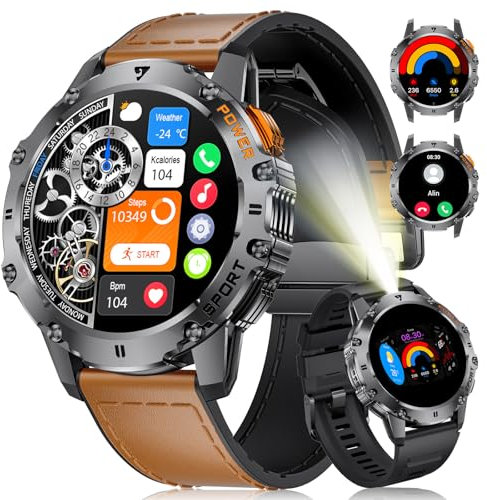 FOXBOX Smartwatch herr magnetarmband, 1,43 tum AMOLED 500 mAh militär smart klocka, IP68 vattentät fitnessklocka 110+ sportlägen med ficklampa blodtrycksmätning puls sömnmonitor svart brun