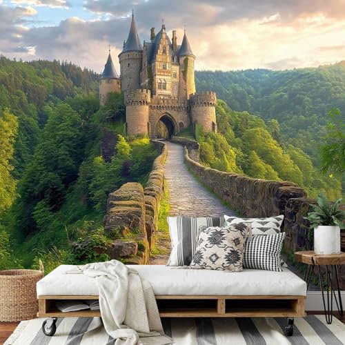 Papel Tapiz Fotográfico, Papel Tapiz Puente de piedra castillo 3D vintage arquitectura Mural, 450Anx315Al cm Cafe Restaurant Dormitorio Decoración para el Hoga Murales Pintado Fotomural