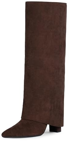 Modatope Chocolate Knee High Boots for Women Fold Over Boots Chunky Heel Pointed Toe Tall Long Shark Boots Size 8.5