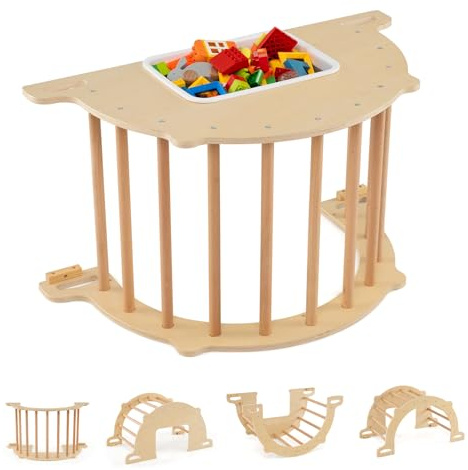 GYMAX Arco da Arrampicata per Bambini, Arco a Dondolo in Legno con Cuscino Accogliente, Struttura per Arrampicata e Dondolo in Legno per Bambini 1+ Anni (Naturale, 80 x 47 x 41cm)