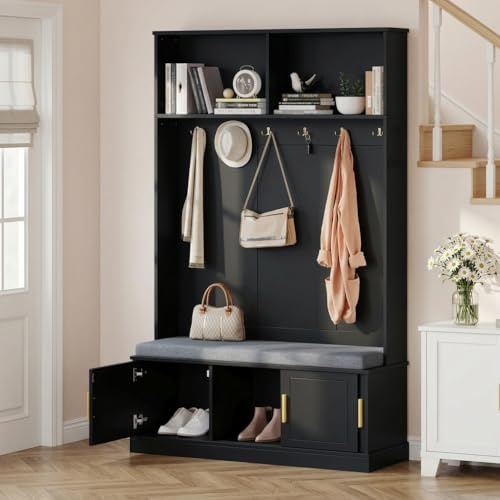 Yihomfy Meuble d’Entrée, Porte-Manteau avec Banc à Chaussures, Vestiaire, Rangement pour Chaussures, 6 Crochets, Gain de Place, Espace de Stockage Ouvert, pour Entrée, Couloir (Noir-28S)