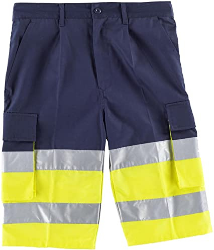 WORKTEAM Bermuda de Trabajo de Alta Visibilidad, con Dos Cintas Reflectantes, Multibolsillos, Cintura Elástica. EN ISO 20471 Clase 1. Unisex Marino+Amarillo A.V. 50