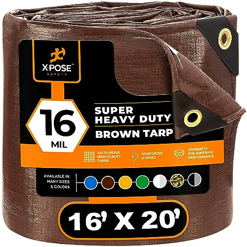 16' x 20' Super Heavy Duty 16 Mil Brown Poly Tarp Cover - Thick Waterproof, UV Resistant, Rip and Tear Proof Tarpaulin with Grommets and Reinforced Edges - by Xpose Safety