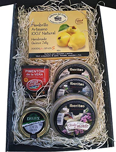 Cesta de navidad para celíacos, sin gluten con dulce de membrillo, pimentón ahumado, aceitunas negras, patés de perdiz de monte, ciervo con boletus para regalar