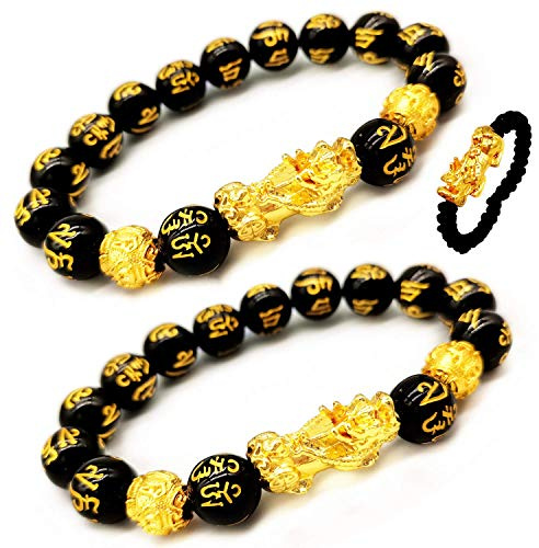 Feng Shui The Best - Braccialetto di perline mantra intagliate a mano, 10 mm, con amuleto portafortuna dorato Pi Xiu/Pi Yao portafortuna, 10mm, Metallo