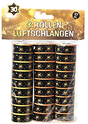 Schnooridoo 30. Geburtstag Party Zubehör 12 Sorten Konfetti Luftschlangen Ballons Banner Servietten (Luftschlangen 30, schwarz/gold, 3-tlg.)