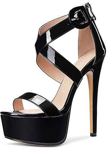 NobleOnly Donna Plateau Moda Sandali Cerniera Tacco a Spillo 15CM Piattaforma High Heels Nero Pelle Verniciata Scarpe EU 45