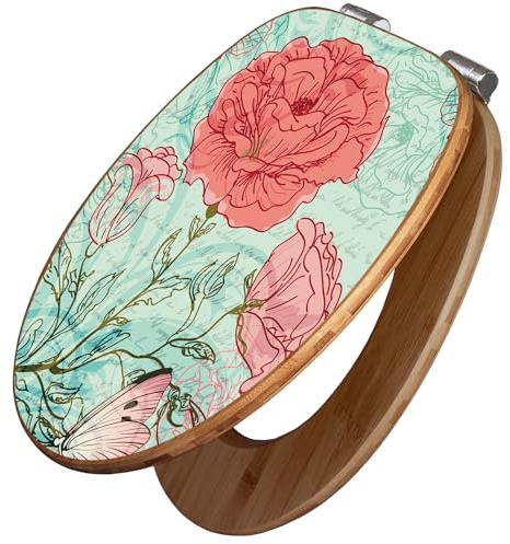 banjado Design WC Sitz Bambus Absenkautomatik 45,8x37,5cm - Toilettendeckel mit Absenkautomatik Holz - hochwertiger Bambus Klodeckel - WC-Sitz für gängigen Toiletten - Motiv Eine Rose Ist Eine Rose
