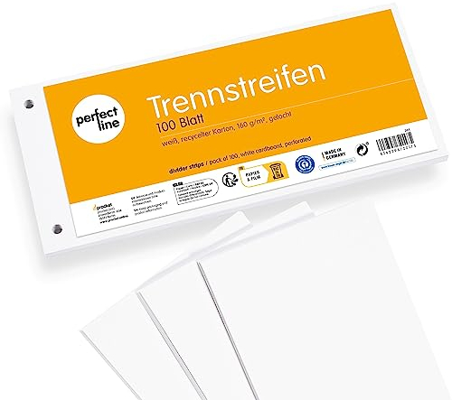 perfect line - 100 Trennstreifen für Ordner A4, Trennblätter aus Recycling-Karton, Weiß, gelocht, Made in Germany, Blauer Engel zertifiziert