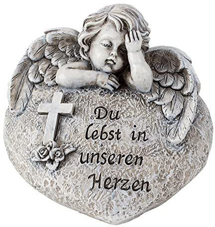Décoration funéraire - Pierre commémorative du cœur - Avec ange croix et rose - Gris - Résistant aux intempéries - Cimetière - Décoration funéraire - funéraire - funérailles