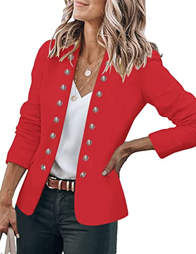 Roskiky - Veste décontractée unie pour femme, ouverte sur le devant, avec boutons et col montant, Rouge, XXL