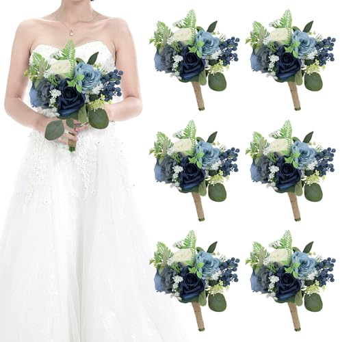 HOMENERGY Set of 6 Bridesmaid Bouquets for Wedding - 7 Inch Artificial Flowers Bouquets for Ceremony Anniversary Centerpieces Decorations - Navy Blue and White