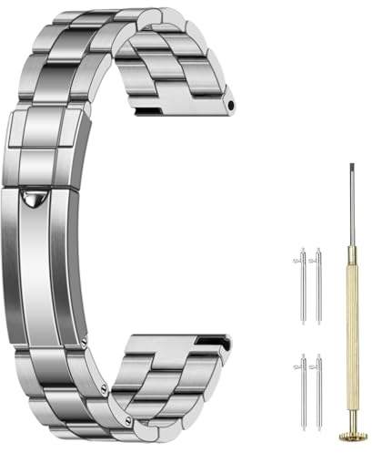 Juntan 20mm 22mm Watch Strap Screw-in, Stainless Steel Watch Bracelet for Men Women, Curved End Straight End Metal Watch Band with Oyster Buckle (Brushed&Polished Silver(Straight End), 22mm)