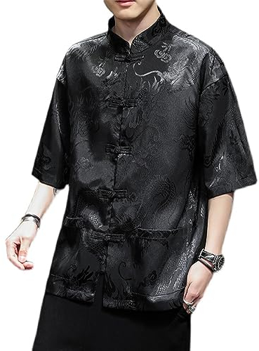ZALTAS Chinesischen Stil Männer EIS Seide Kurzarm Hemd Vintage Elegante Kurzarm Tang-Anzug Hanfu Jacquard Dünne Mantel Black 1-L