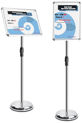 TUKA-i-AKUT A2 Support d'information, Hauteur Réglable, Rotatif, Porte-Affiche Panneau d'affichage, Publicitaires Interchangeables Présentoir sur Pied avec Base Robuste Amélioré, Argent TKD8423-HD