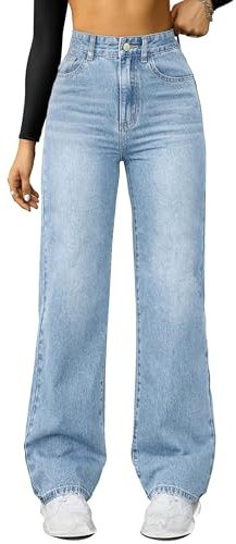 FUNUCA Straight Leg Jeans for Women,High Waisted Wide Leg Loose Microelastic Boyfriend Denim Pants A-Blue