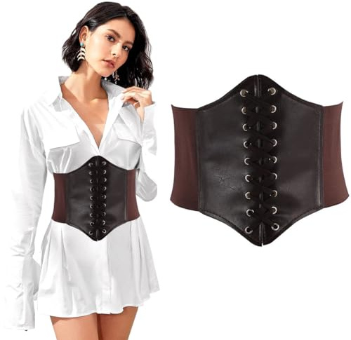 WJRQD Cinturón Tied Waspie para Mujer,Cinturón corsé marrón,Cinturón Ancho de Cintura elástica,Cinturón Retro Ancho para Mujer, corsé elástico cinturón para Fiesta de Halloween, L