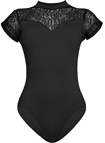 WABMJGW Justaucorps de Ballet pour Femmes, Justaucorps Noir Filles, Justaucorps de Gymnastique à Manches Courtes en Dentelle Patchwork, Justaucorps de Danse, Nylon hautement Extensible,Black-S