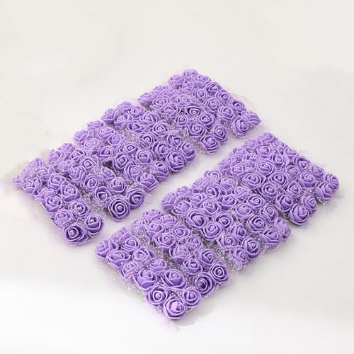 144pcs Mini Artificial Rose Flower Heads and Soft Stem,25mm PE Tiny Rose add Gauze for DIY Wedding Make Bridal Hair Clips,Cake Top,Wrist Corsage Boutonniere,Wreath Bracelet Flower (Purple)