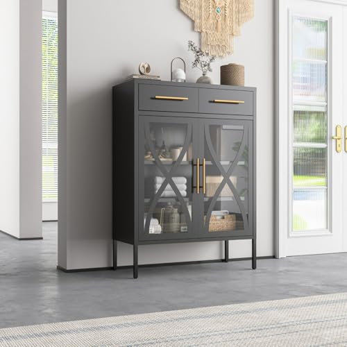Highboard Toronto Schwarz - Kommode für Wohnzimmer aus Metall - mit 2 Schubladen und Glastüren, Kommode für Bücher und Schlafzimmer Deko - Industrial Design