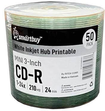50 Pack Smartbuy Mini CD-R 3-inch 24X 210MB 24Min White Inkjet Hub Printable Blank Media Recordable Disc