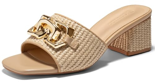 Coutgo Womens Raffia Slide Sandals Chunky Block Heeled Square Open Toe Metal Chain Slip on Mules Dressy Shoes, Khaki, Size 9