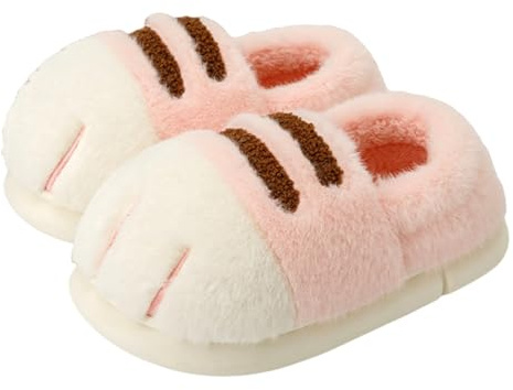 LRYAOAN Cat Paw Slippers - Men's & Women's Indoor/Outdoor Cotton Slippers - Plush, Non-Slip, Warm - Pink, Adult, Women, 6.5-7.5 US