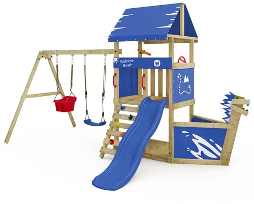 Wickey Torre de juego DinkyHouse Barco pirata - Tobogán azul y lona - Torre de escalada infantil para el jardín de madera maciza - 372 x 317 x 247 cm